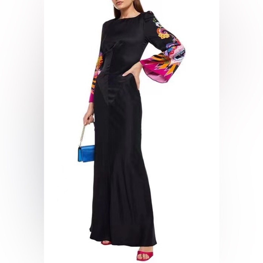 US 8 Etro Elegant Black Gown with Colorful Sleeves NWOT